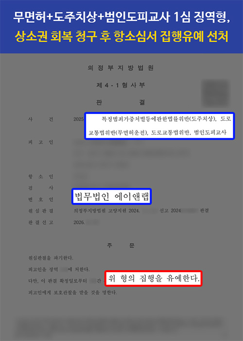 무면허+도주치상+범인도피교사, 상소권 회복 후 1심 징역형 뒤집고 집행유예